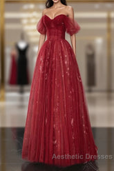 Wine Red A-Line Tulle Sweetheart Floor Length Party Dresses, Wine Red Tulle Evening Prom Dresses